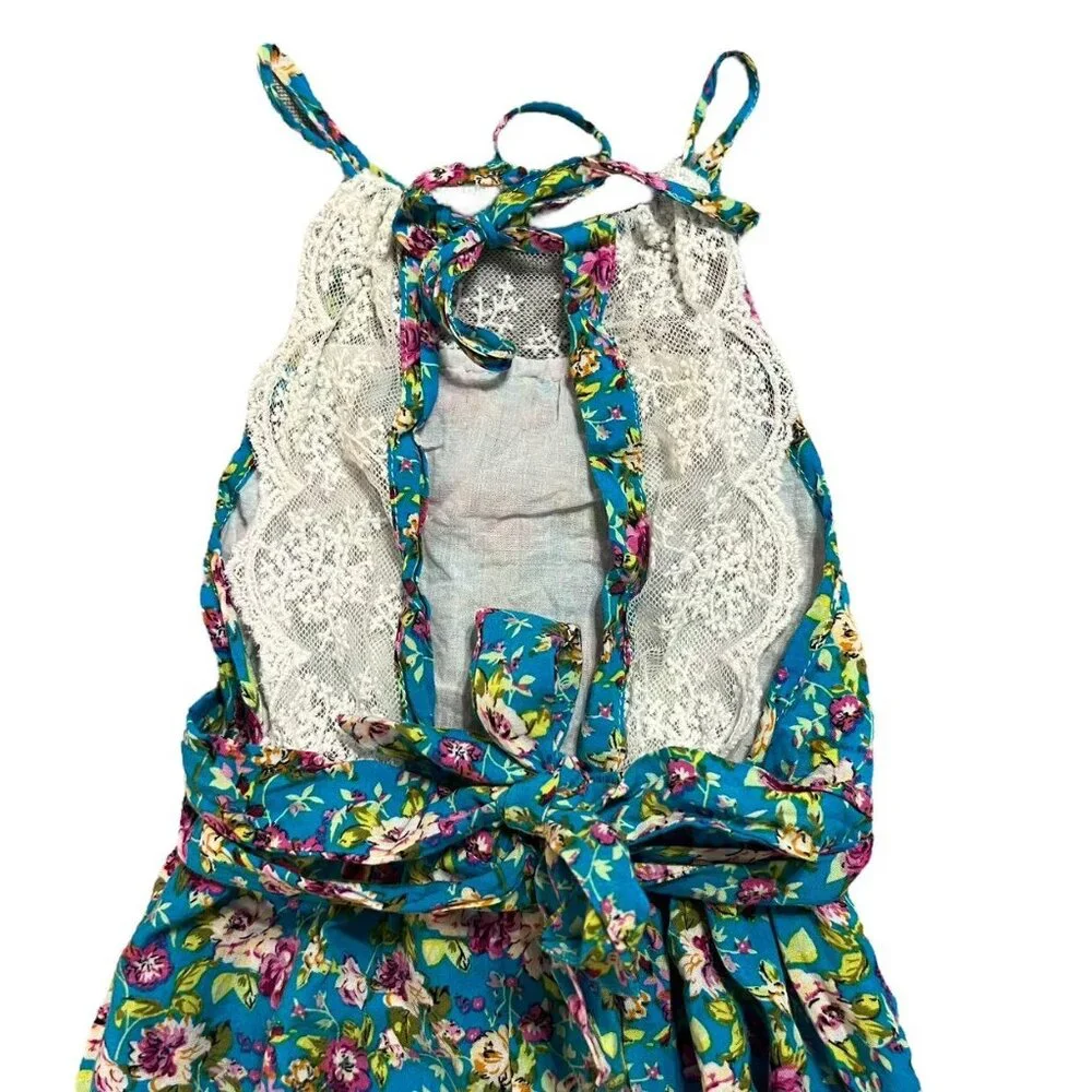 Ju Ju Sz 2 Bold Floral & Lace Halter Bubble Romper